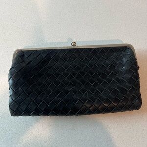 HOBO Lauren Black Leather Frame Clutch Wallet Woven Leather Phone Wallet